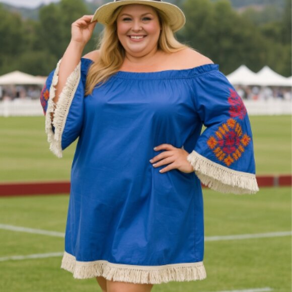 Plus Size Tunic with Bell Sleeves & Fringe - Picture 1 of 4